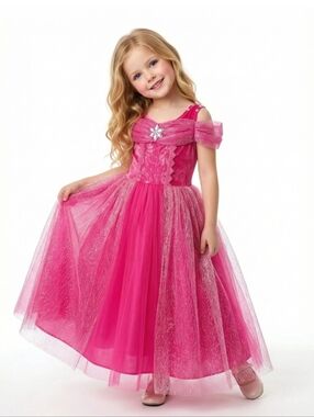 Aurora Vibrant Pink Theater Dress with Glittery Accents and Puff Sleeves